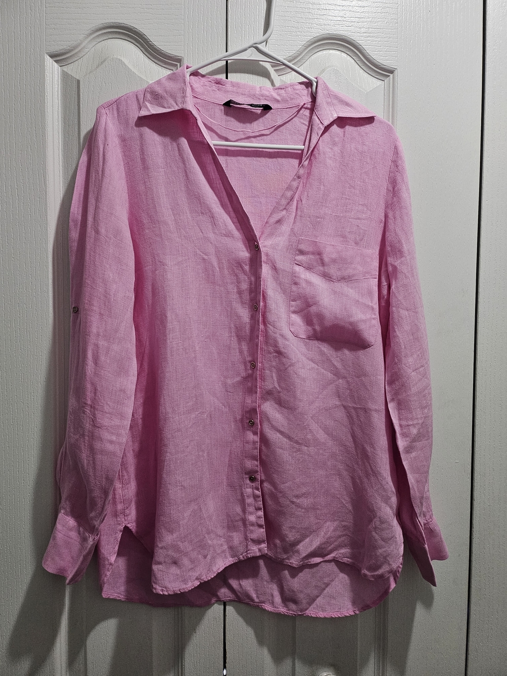 Zara Pink 100% Linen Button Down Shirt Size S Roll Tab Sleeves Casual Summer